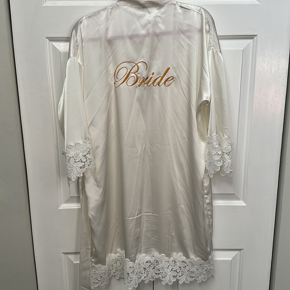 Embroidered 'Bride' Satin Robe with Lace Trim - Ivory